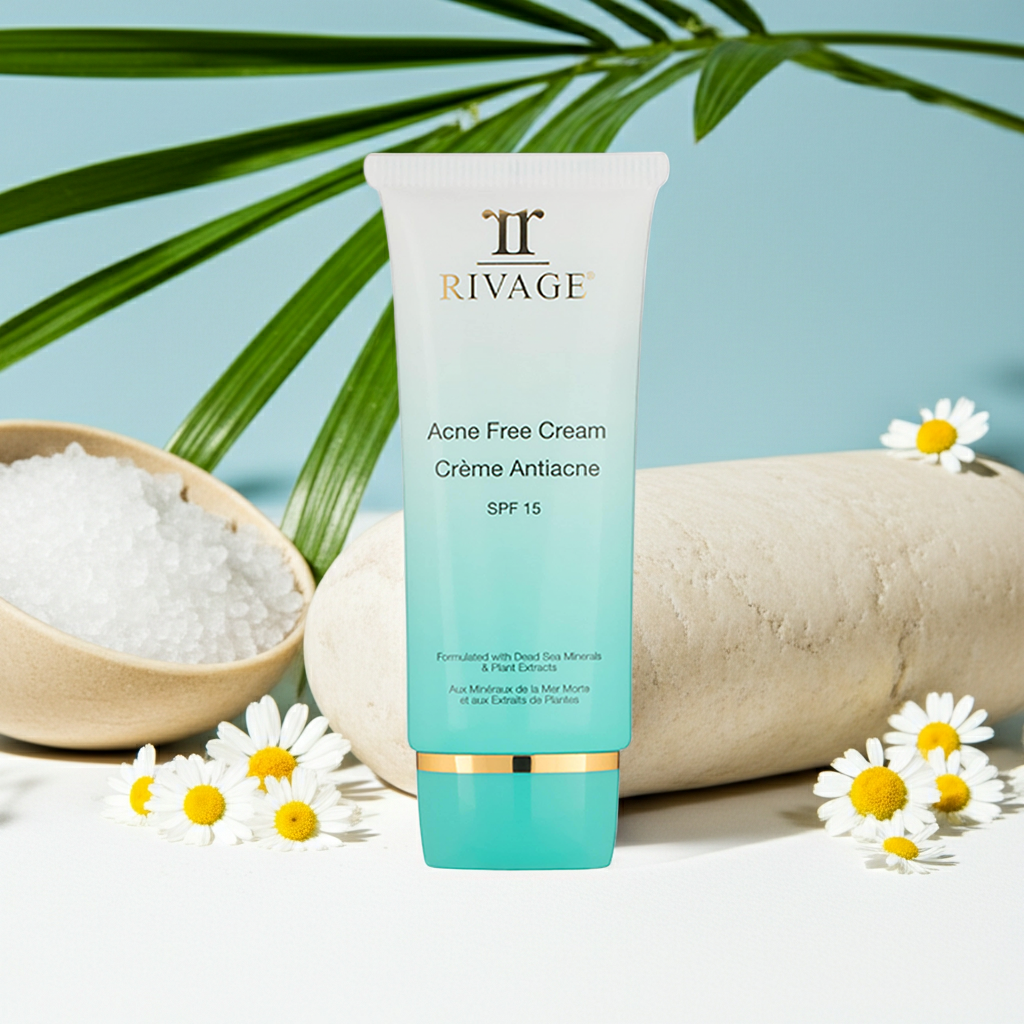 Rivage Acne Free Cream SPF 15 soothing acne treatment with salicylic acid chamomile and Dead Sea minerals for clear protected skin