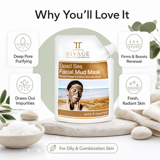 Rivage Dead Sea Facial Mud Mask benefits: deep pore purifying, draws out impurities, firms and boosts renewal, fresh radiant skin