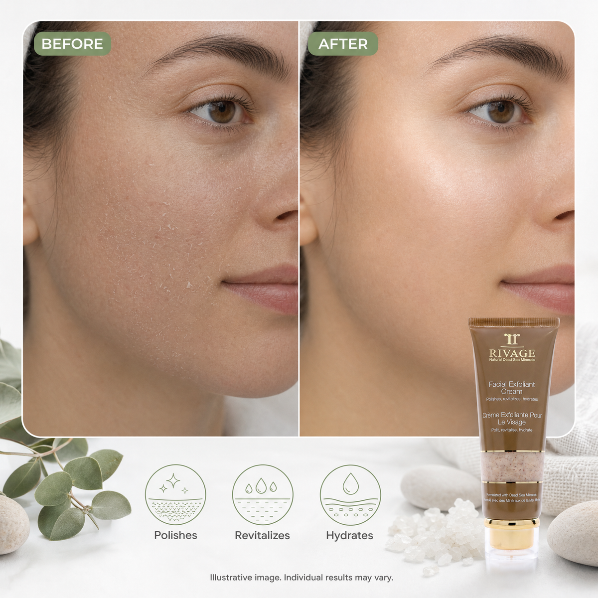 Illustrative before and after of Rivage Facial Exfoliant Cream, individual results may vary