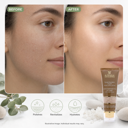 Illustrative before and after of Rivage Facial Exfoliant Cream, individual results may vary