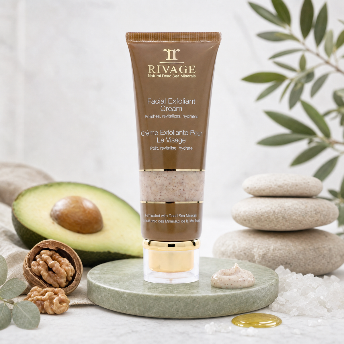 Rivage Facial Exfoliant Cream 100 ml tube on a sage stone with walnut, avocado and olive oil