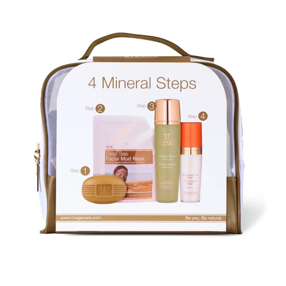 Rivage 4 Mineral Steps Bundle complete skincare set with soap mud mask toner and moisturizer for clear radiant skin with free travel bag