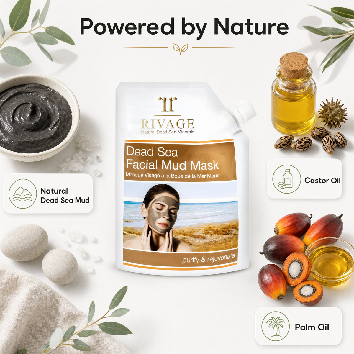Rivage Dead Sea Facial Mud Mask ingredients: natural Dead Sea mud, castor oil, palm oil