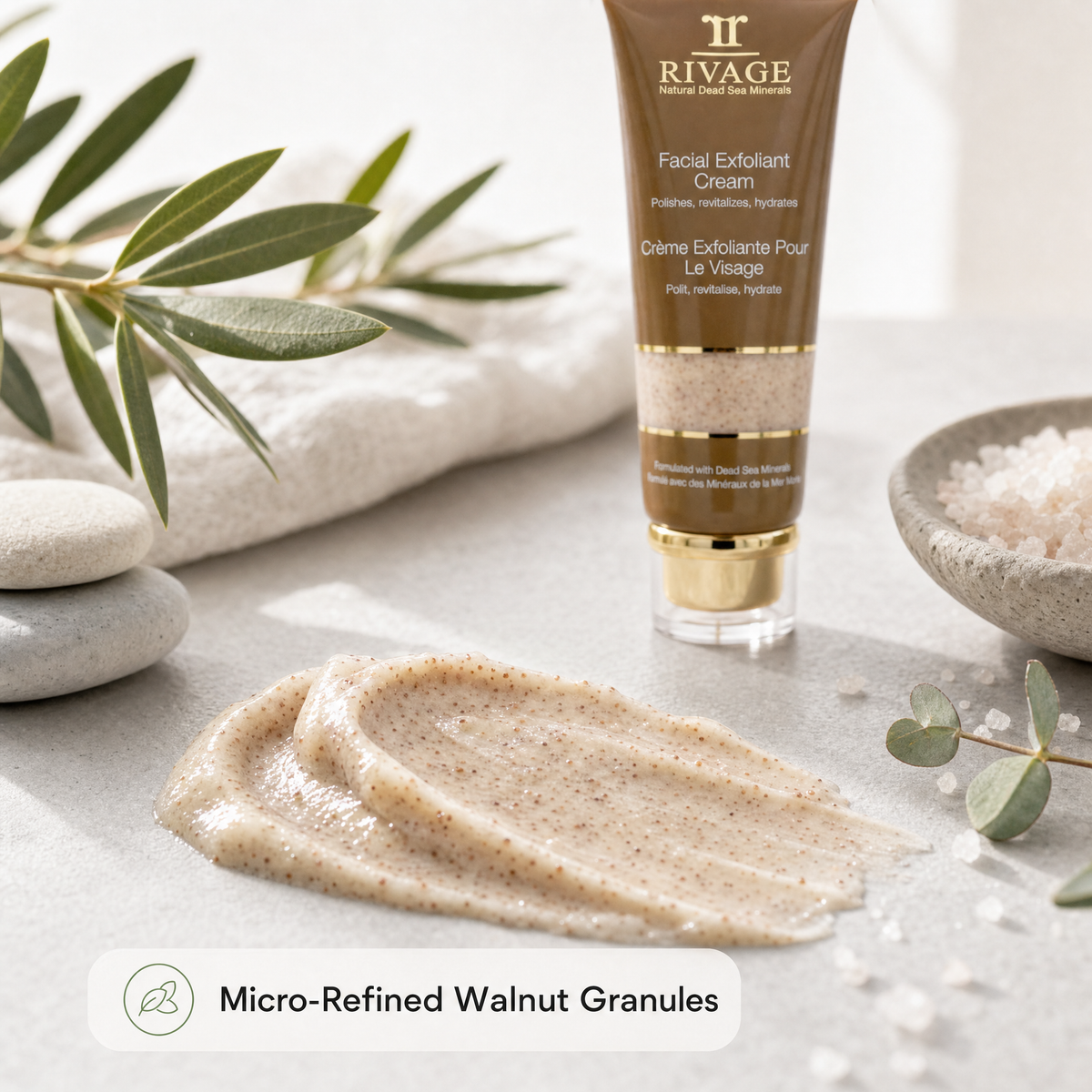 Close-up texture of Rivage Facial Exfoliant Cream with micro-refined walnut granules