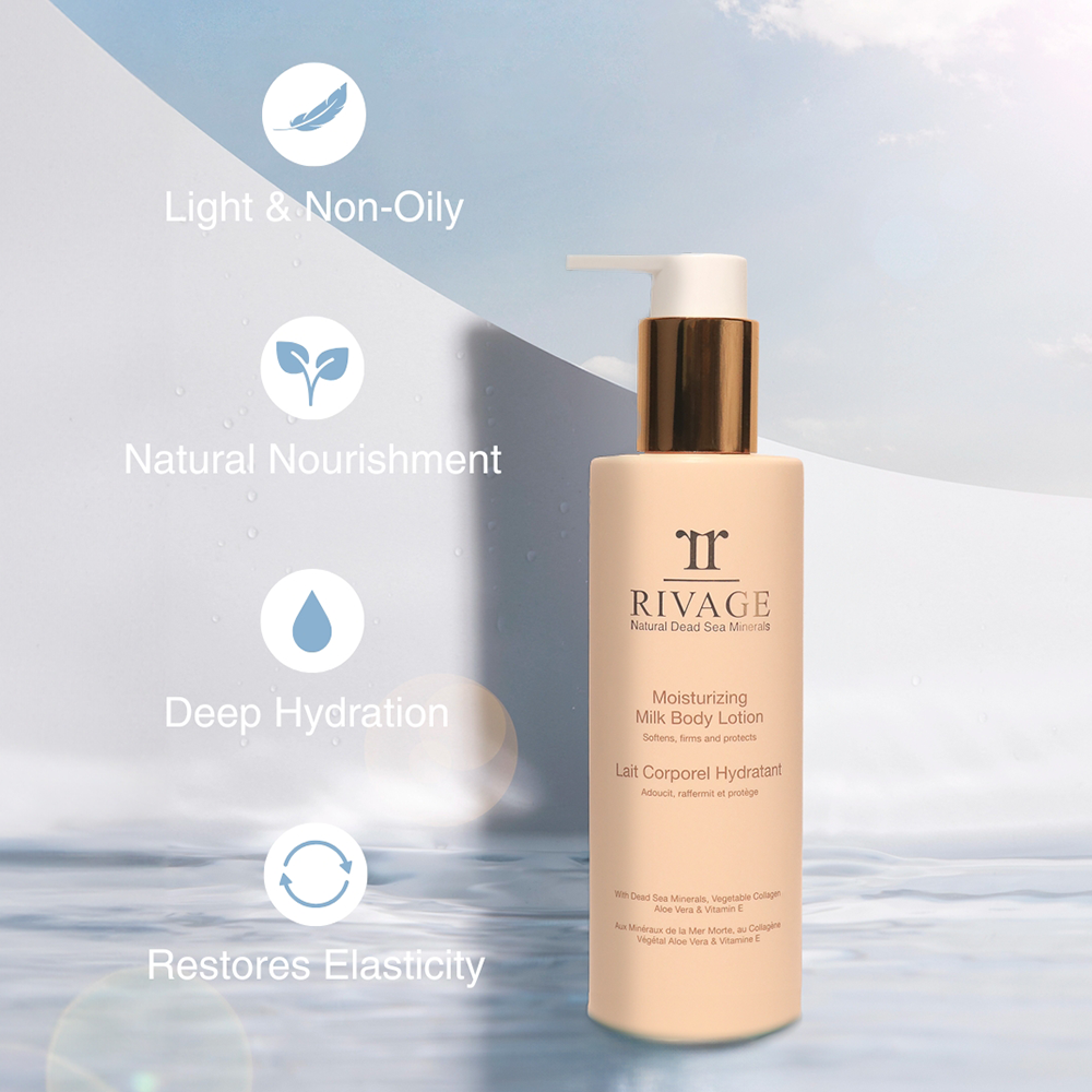 Rivage Moisturizing Milk Body Lotion lightweight hydrating body lotion with vegetable collagen aloe vera and Dead Sea minerals
