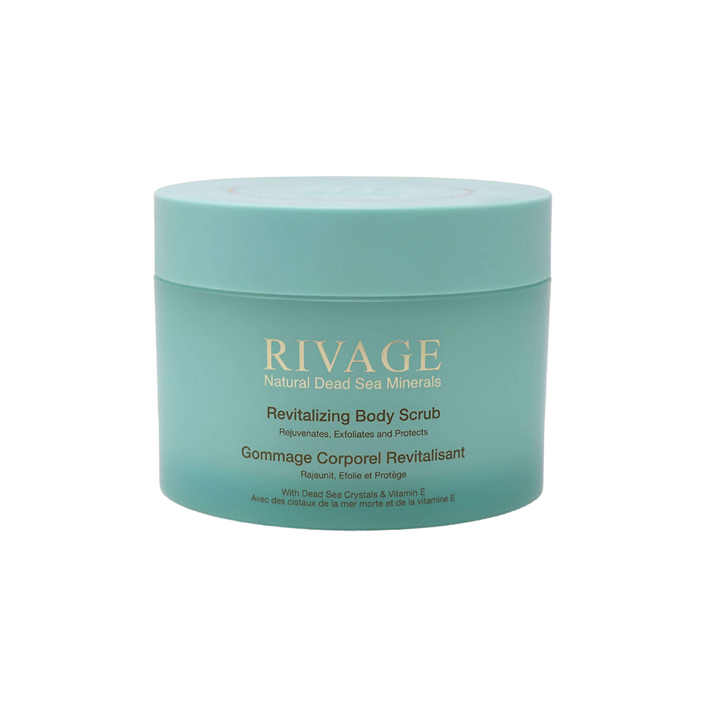Rivage Revitalizing Body Scrub exfoliating body scrub with Dead Sea salt crystals and vitamin E for smooth and rejuvenated skin