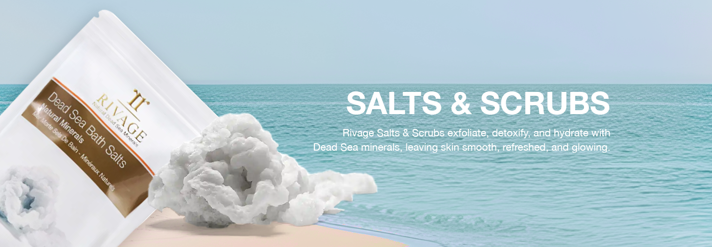 Rivage salts and scrubs collection banner for body exfoliation and care