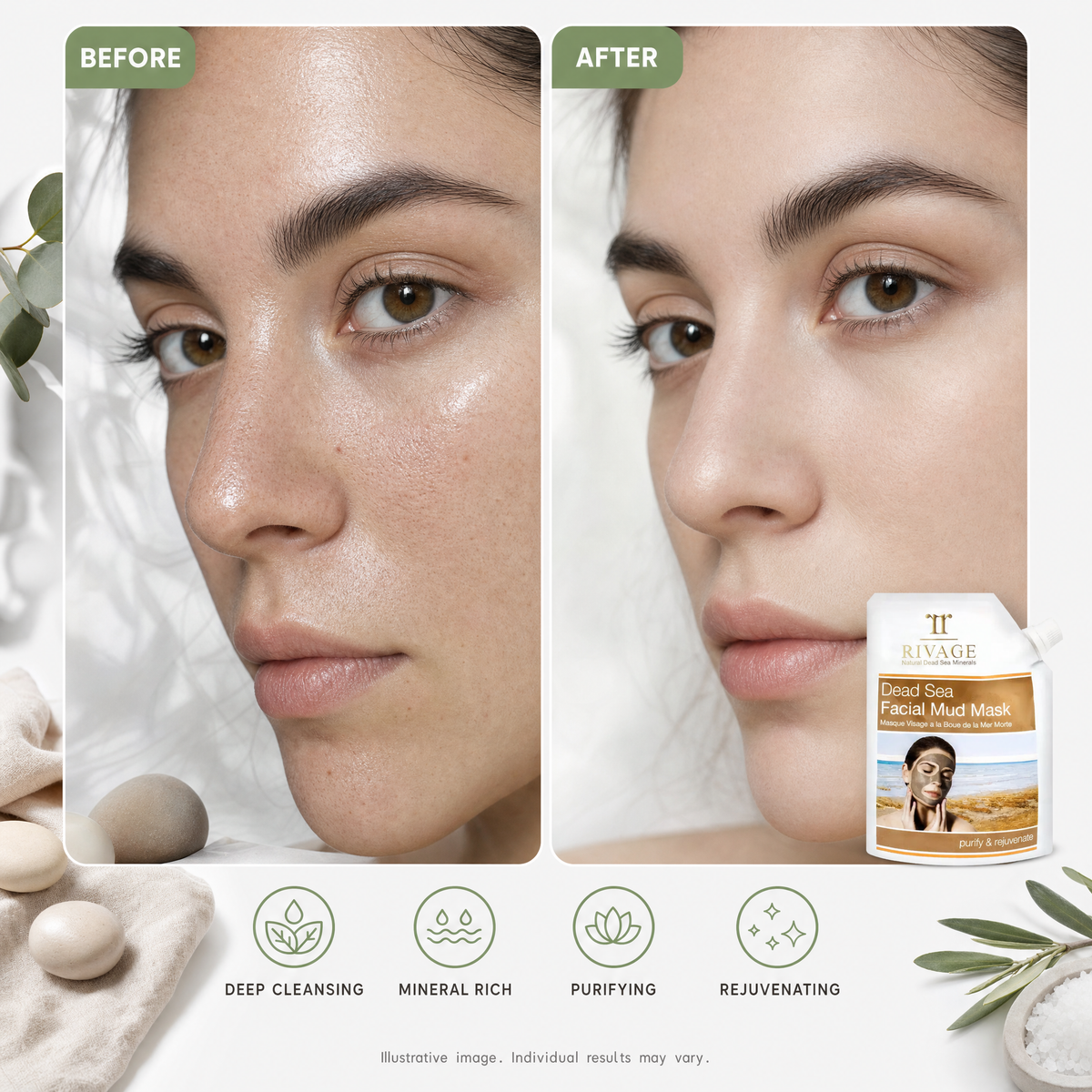 Illustrative before and after of Rivage Dead Sea Facial Mud Mask on oily skin, individual results may vary