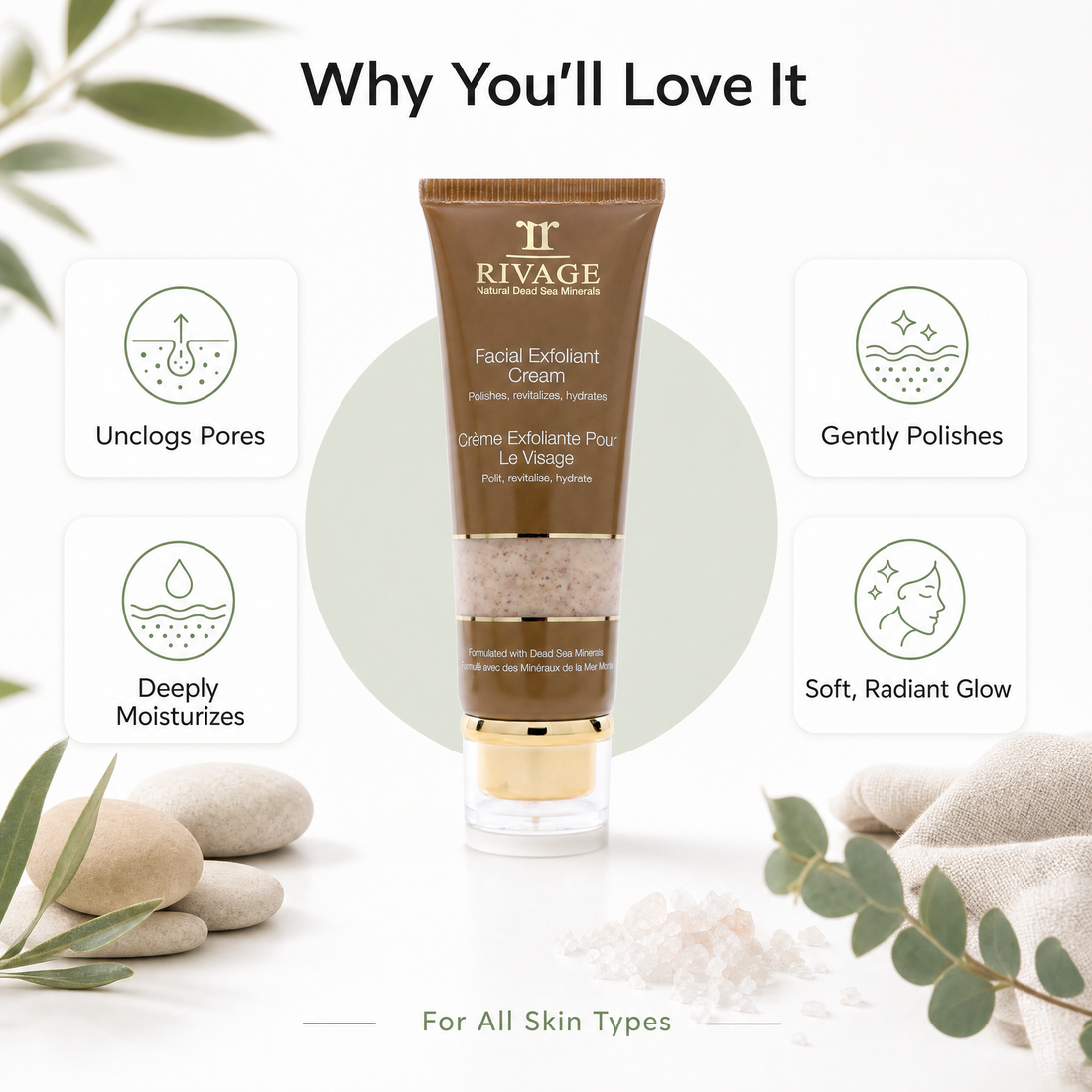 Rivage Facial Exfoliant Cream benefits: unclogs pores, gently polishes, deeply moisturizes, soft radiant glow