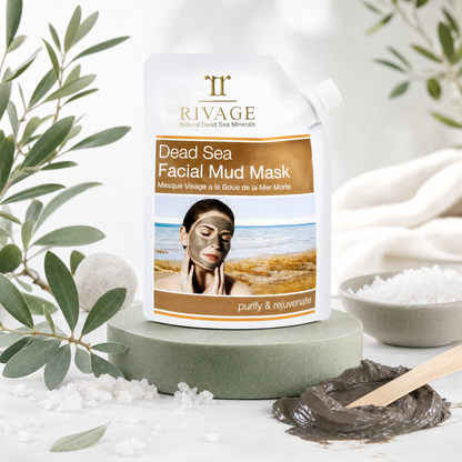 Rivage Dead Sea Facial Mud Mask 200 g pouch on a sage stone with Dead Sea mud and salt crystals