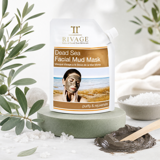 Rivage Dead Sea Facial Mud Mask 200 g pouch on a sage stone with Dead Sea mud and salt crystals