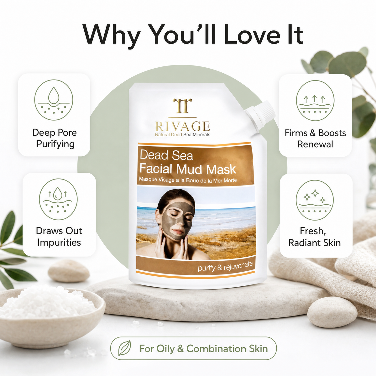 Rivage Dead Sea Facial Mud Mask benefits: deep pore purifying, draws out impurities, firms and boosts renewal, fresh radiant skin