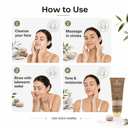 How to use Rivage Facial Exfoliant Cream: cleanse, massage in circles, rinse with lukewarm water, tone and moisturize, twice weekly